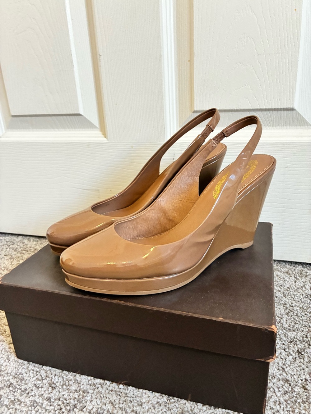 Elie Tahari Patent Slingback Wedge Pumps in Nude Brown